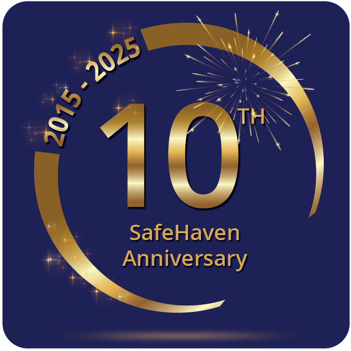 Celebrating the 10th anniversary of SafeHaven from 2015 to 2025 with gold text and fireworks on a dark blue background.