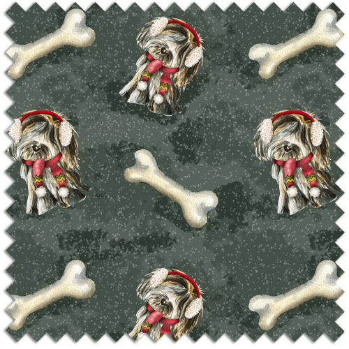 Army green background texture.Tibetan terriers with headphones and dog bones