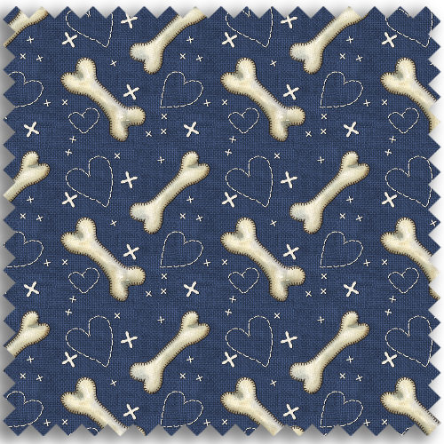 Blue linen with cream dog bones, heart stitching and crosses