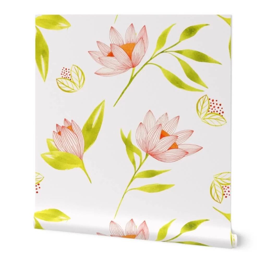 Pretty pink florals with lime green leaves wallpaper