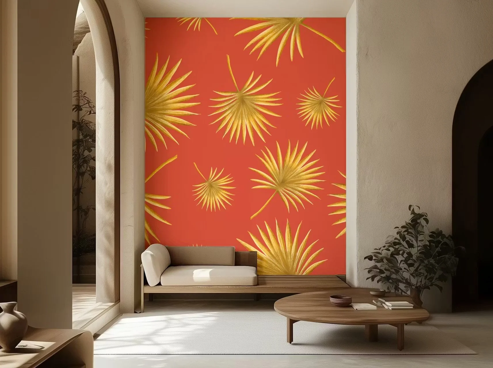 Golden Palm Fans on terracotta bold mural wallpaper