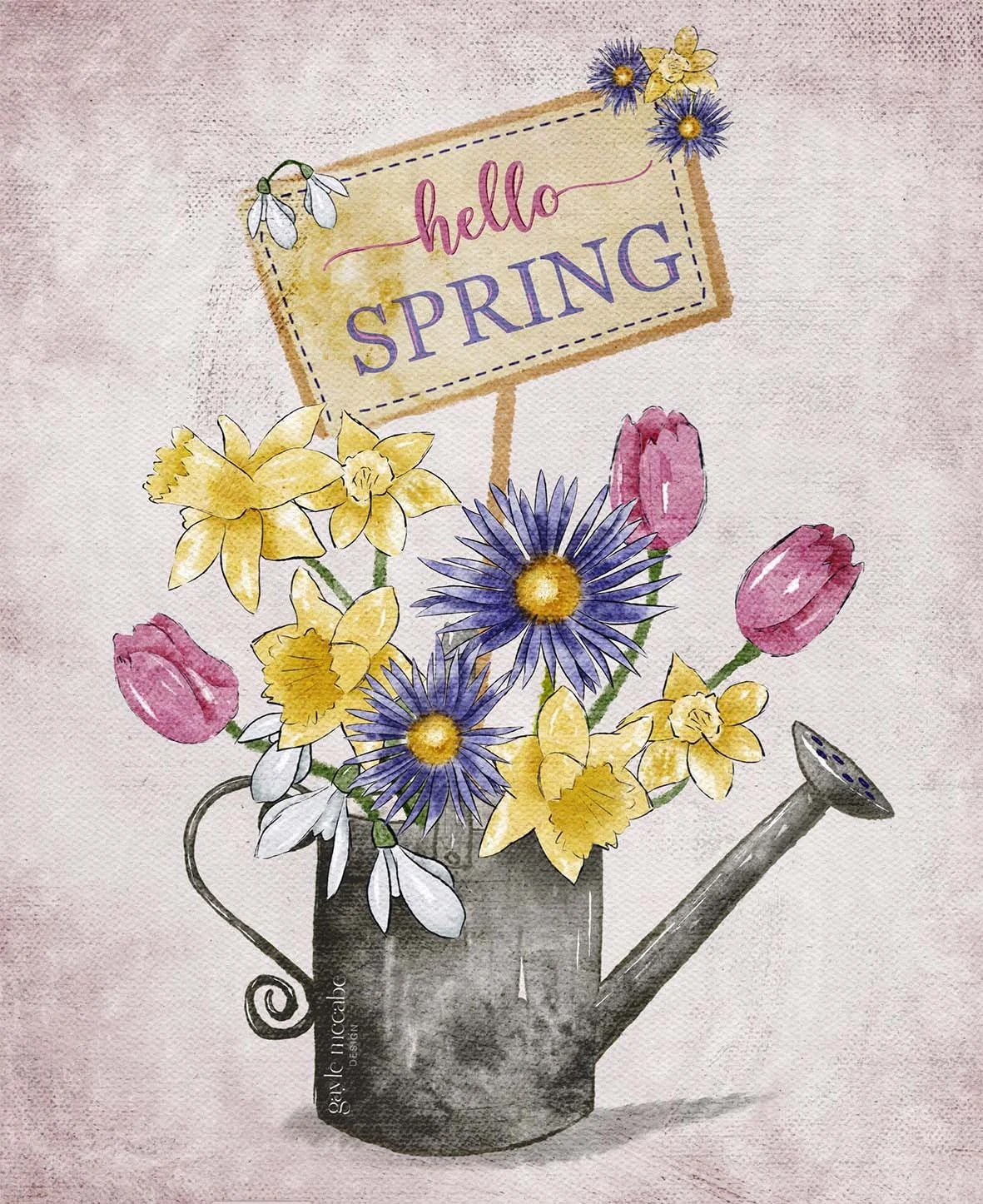 Watering can with spring flowers