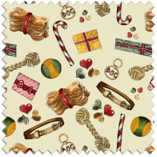 cream background with dog accessories, dog bones, collars 