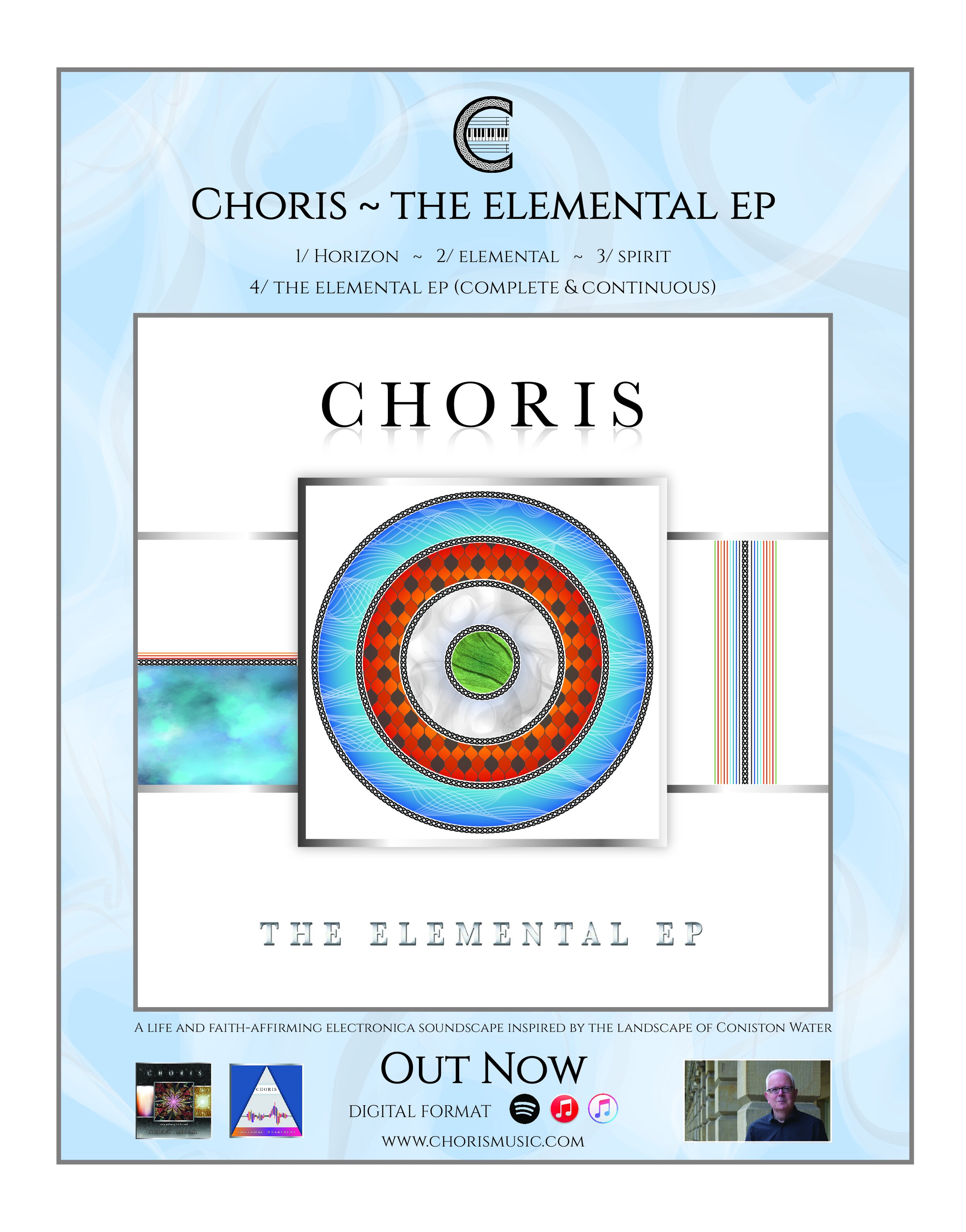 Promotional poster for "Choris: The Elemental EP," featuring a circular abstract design. Lists four tracks: Horizon, Elemental, Spirit, and The Elemental EP (complete & continuous). Describes the music as an electronica soundscape inspired by Conisto
