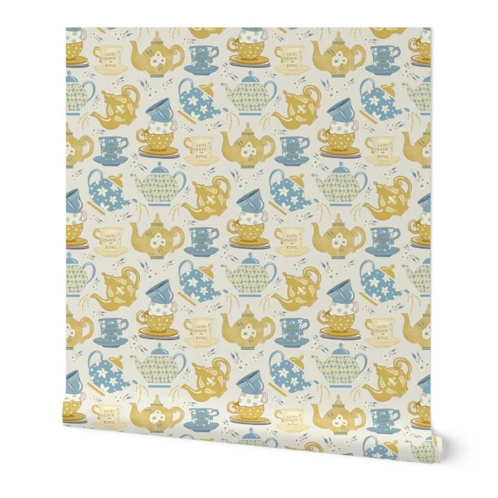 Mustard gold teapots teacups and saucers on cream-vintage style