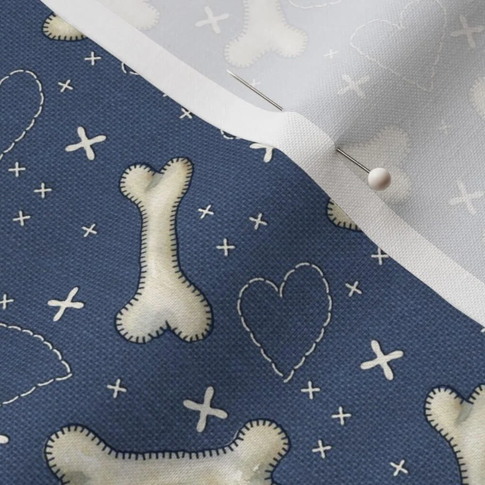 Dog Bones Linen Hearts Denim Blue Fabric by gayle mccabe