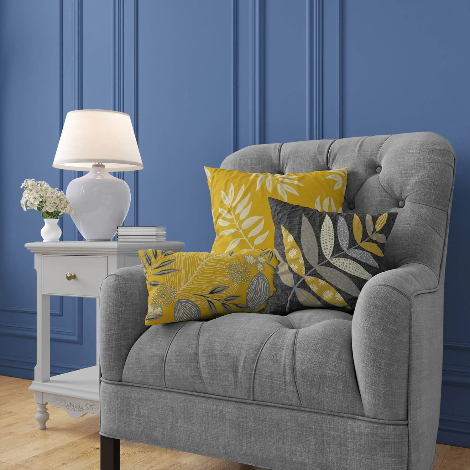 Chair with woodland cushions