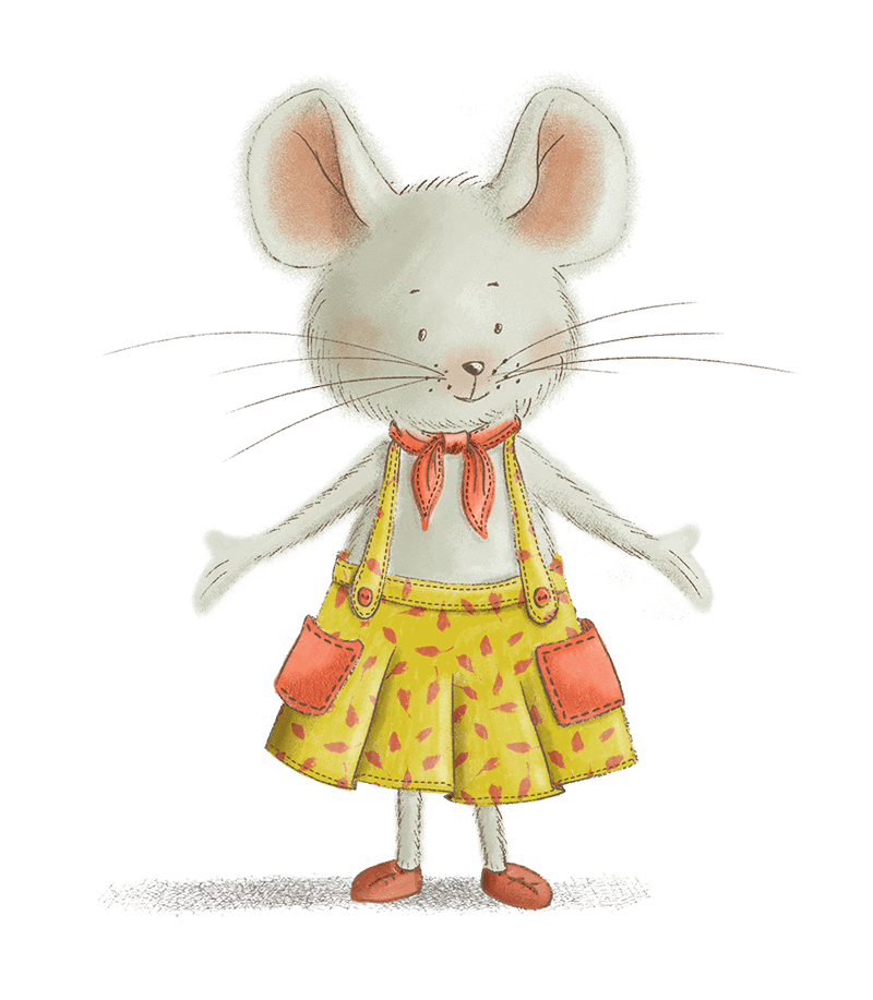 Illustration of a cartoon mouse wearing a yellow skirt with leaf patterns and red pockets, a red scarf, and red shoes.