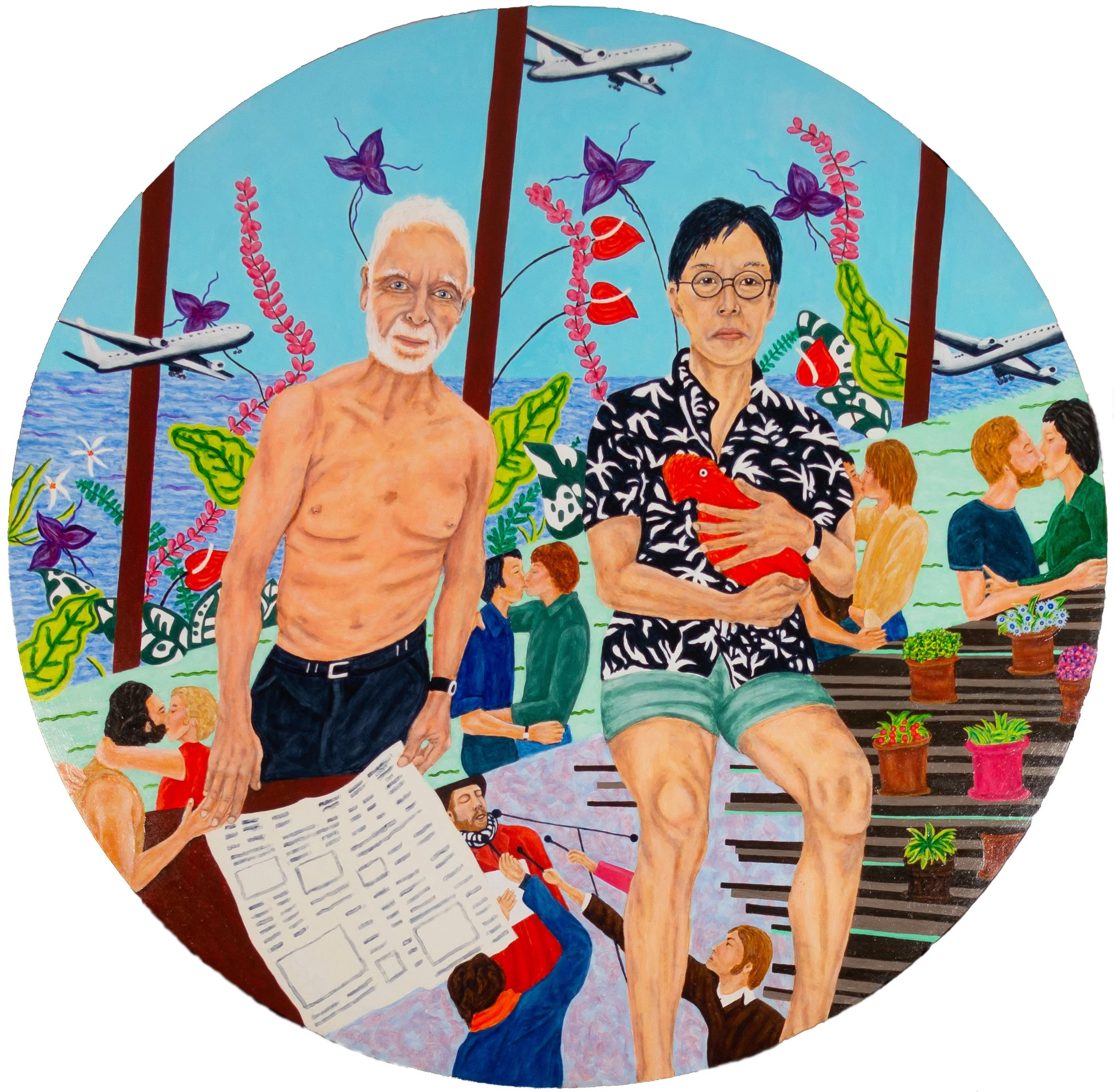 Divine Idyll (Richard and Tim) (2024), 46x46" tondo, oil on panel