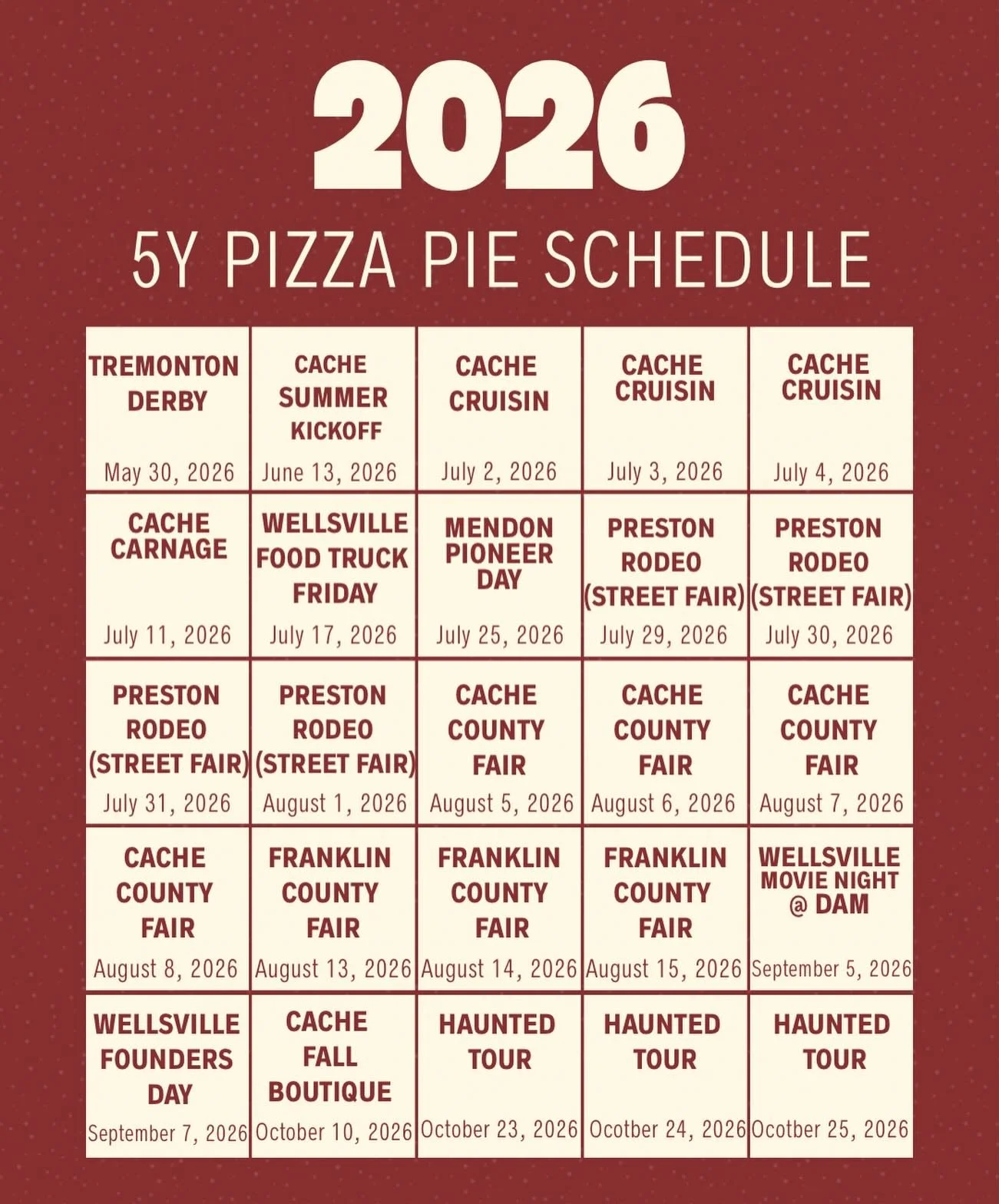 2026 5Y PIZZA PIE SCHEDULE! More info to come. It&rsquo;s almost pizza time! 🍕