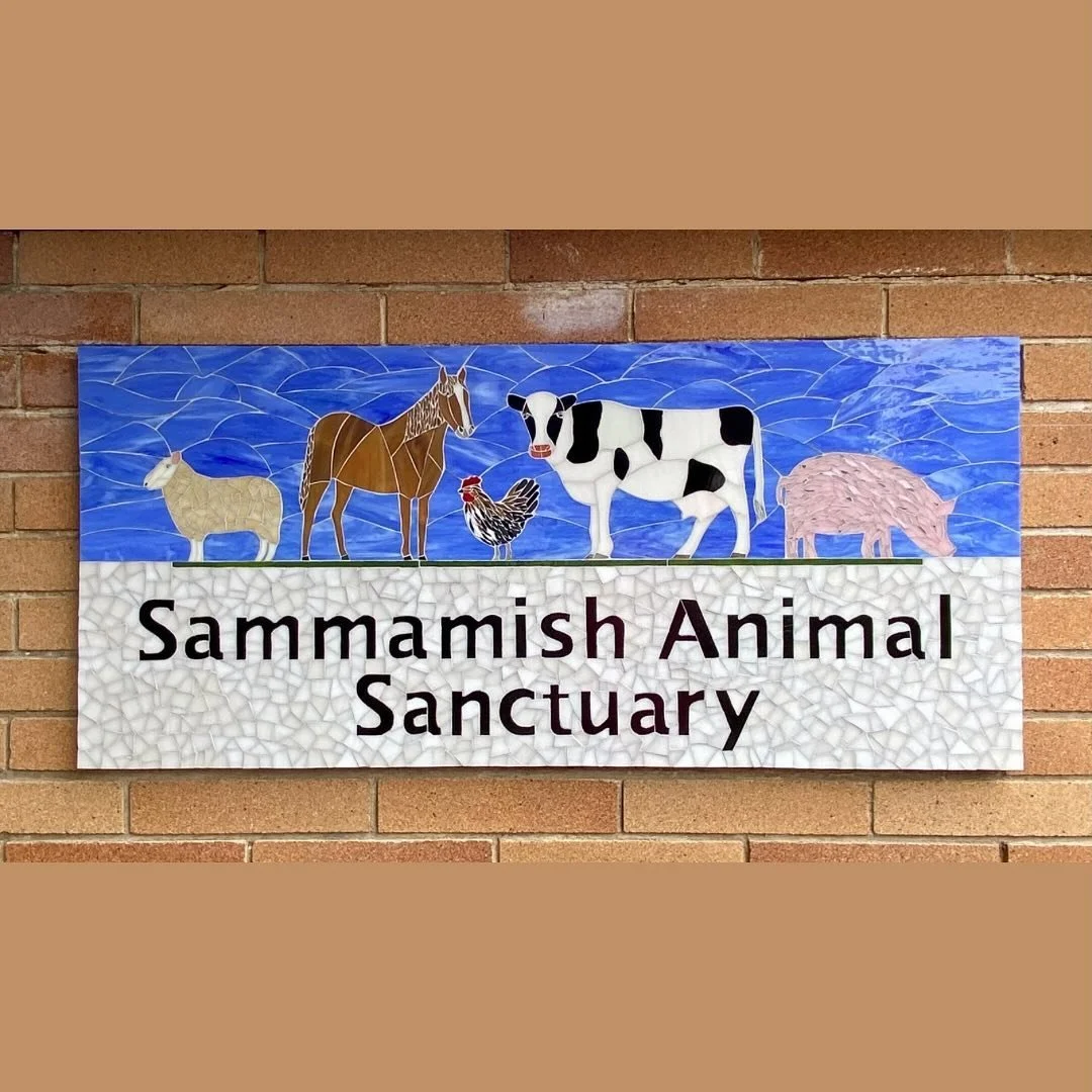The mosaic wall at the Sammamish Animal Sanctuary is installed! Here&rsquo;s the logo I created (20&rdquo; x 44&rdquo;)and a video of the complete installation will follow&hellip; 20 mosaic animals completed by an amazing team of ten artists. It&rsqu