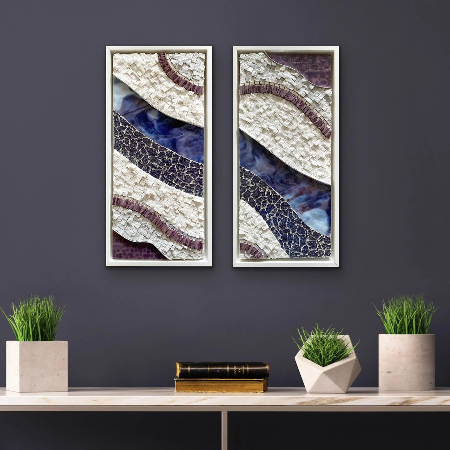 Offering a sale on some remaining artwork. This is Universe I and II, a detailed diptych created with glass, Italian marble, Italian smalti, tempered glass, silver smalti, acrylic paint and silver edging. Each mosaic is framed with a custom white woo