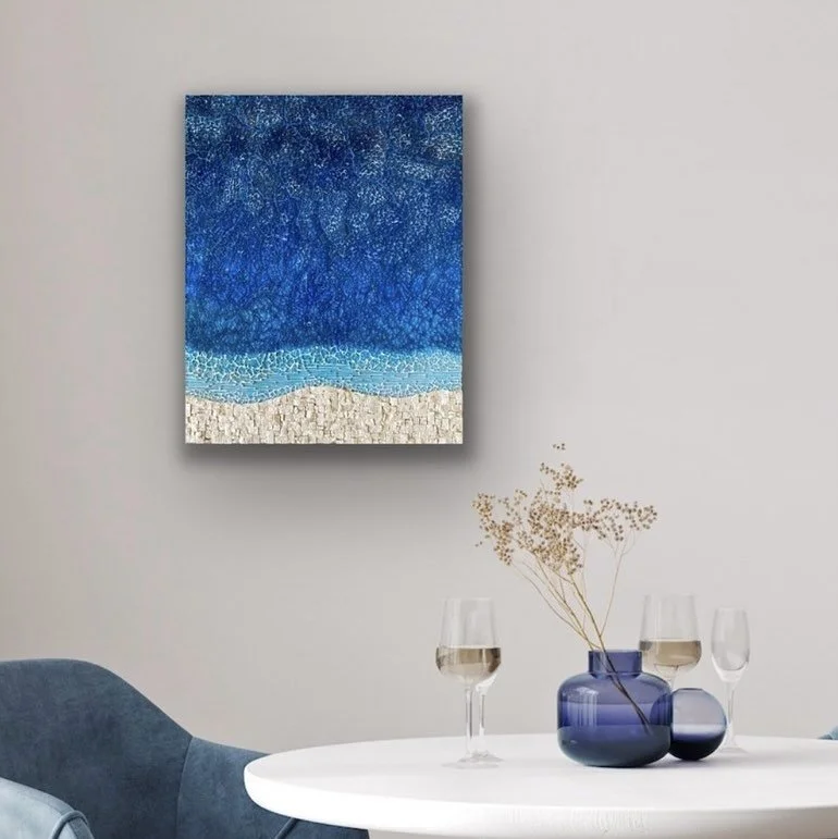 Another piece on sale&hellip; A representational piece, Ocean Blue II captures the beauty of the ocean from an aerial perspective. This detailed piece was created with tempered glass, acrylic paint, and Italian marble. This artwork was meticulously d