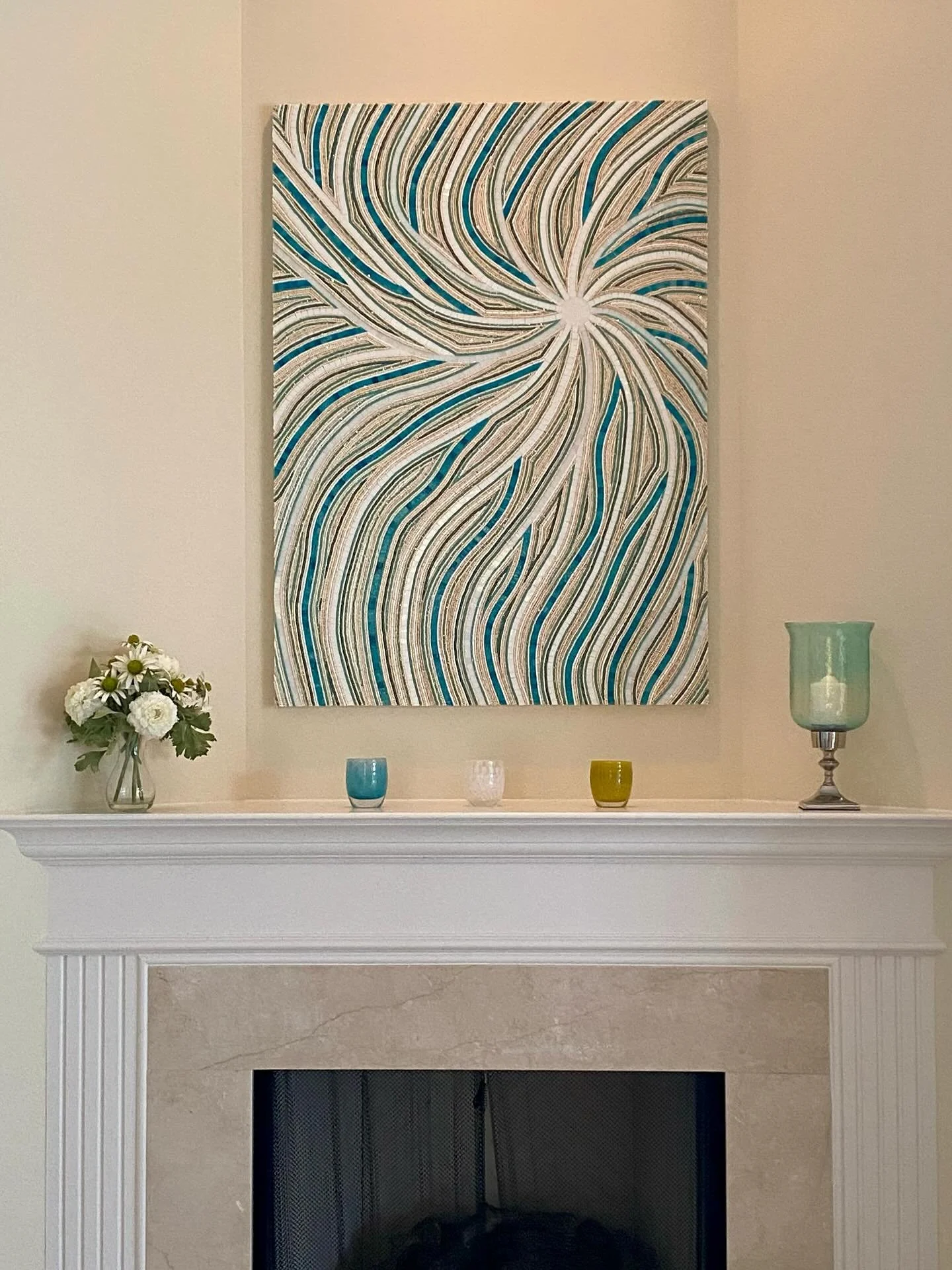 I finally finished this stained glass, and glass and wood beads mosaic! 50&rdquo; x 36&rdquo;, so lots of beads and time into this abstract piece. Have yet to name it, so open to ideas! I love the way the light catches the glass and beads, and how it