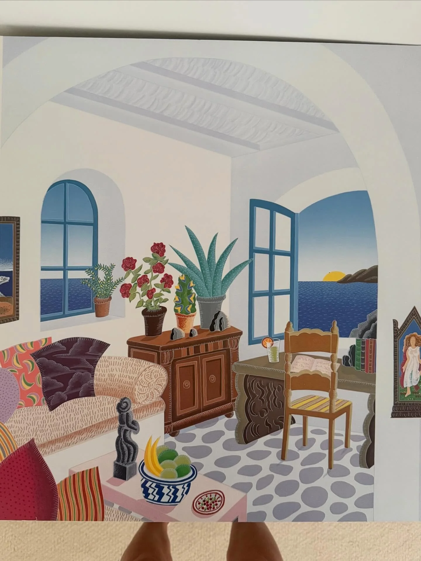 This project is going to be absolutely fun! Thirty-six years ago, my husband and I bought a Thomas McKnight print entitled Mykonos Kalafati. We loved the whimsical style, colors, and vibe. I took the print out of the purple frame and am creating a mo