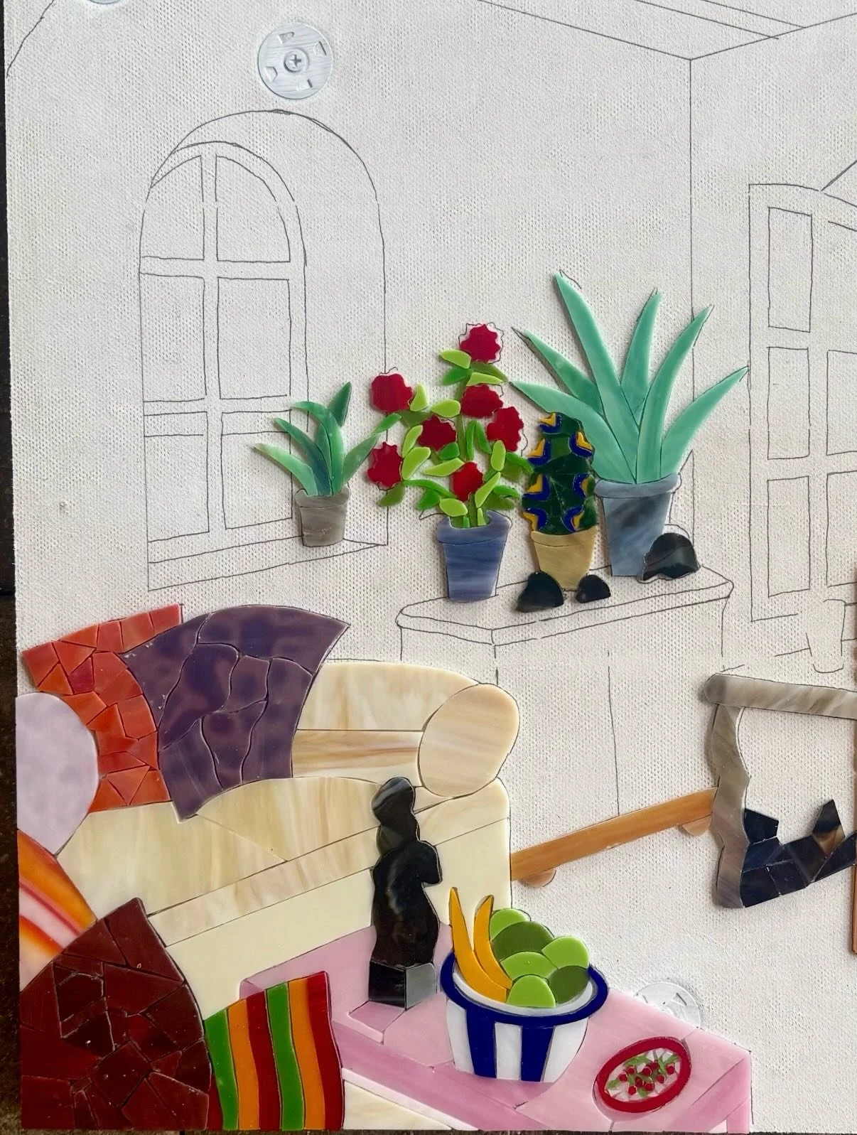 Making progress on this fun, whimsical piece&hellip; Thomas McKnight&rsquo;s Mykonos Kalamati. The print has been a favorite in our house for over 30 years. The mosaic will be for us. 

#contemporarymosaic #thomasmcknight #mykonosart #whimsicalart
