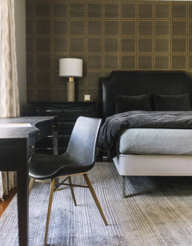 Modern Masculine Bedroom Rug Size Guide Alexandra Lauren.webp