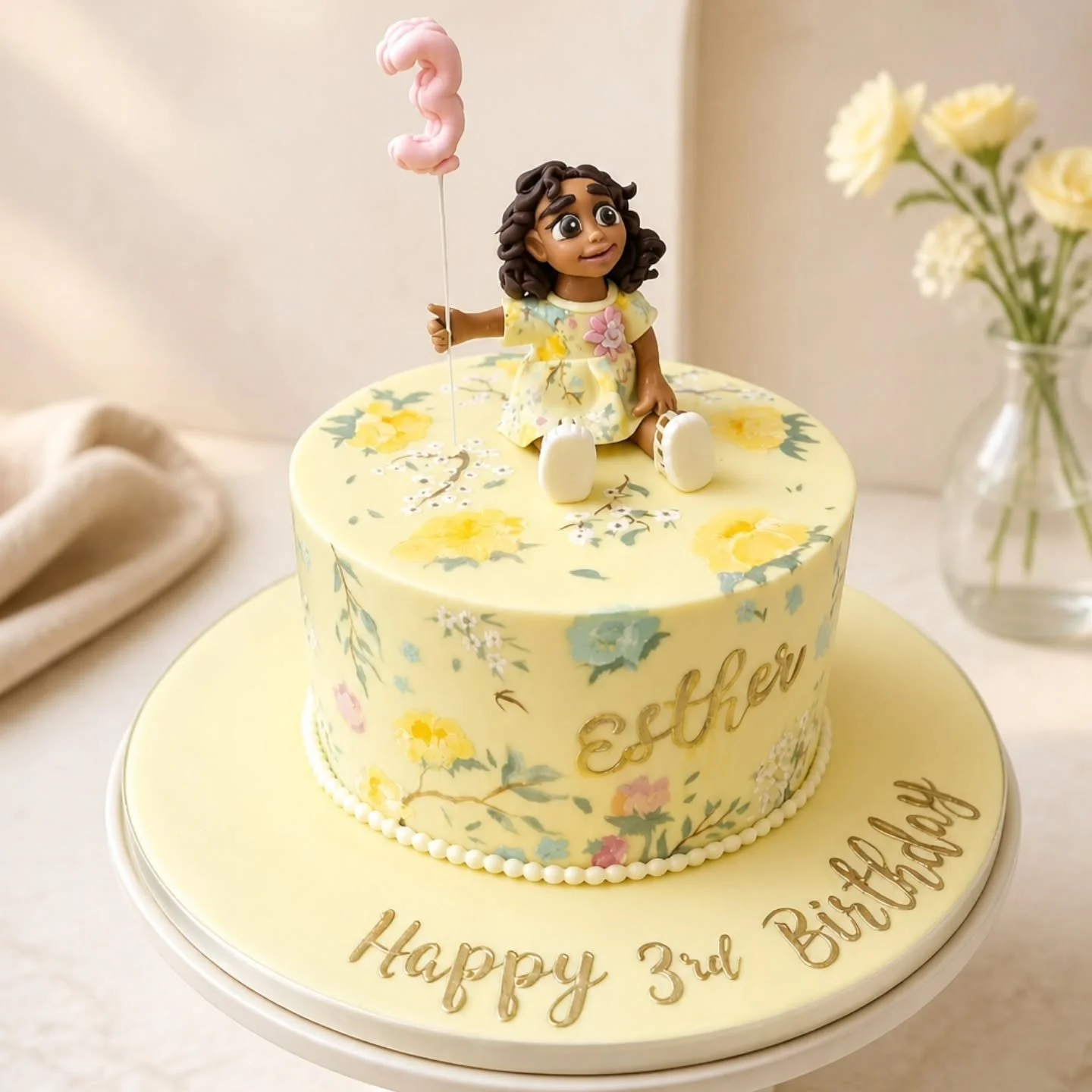 Handpainted cake to match the birthday girls dress. Happy 3rd  birthday Esther xxxx