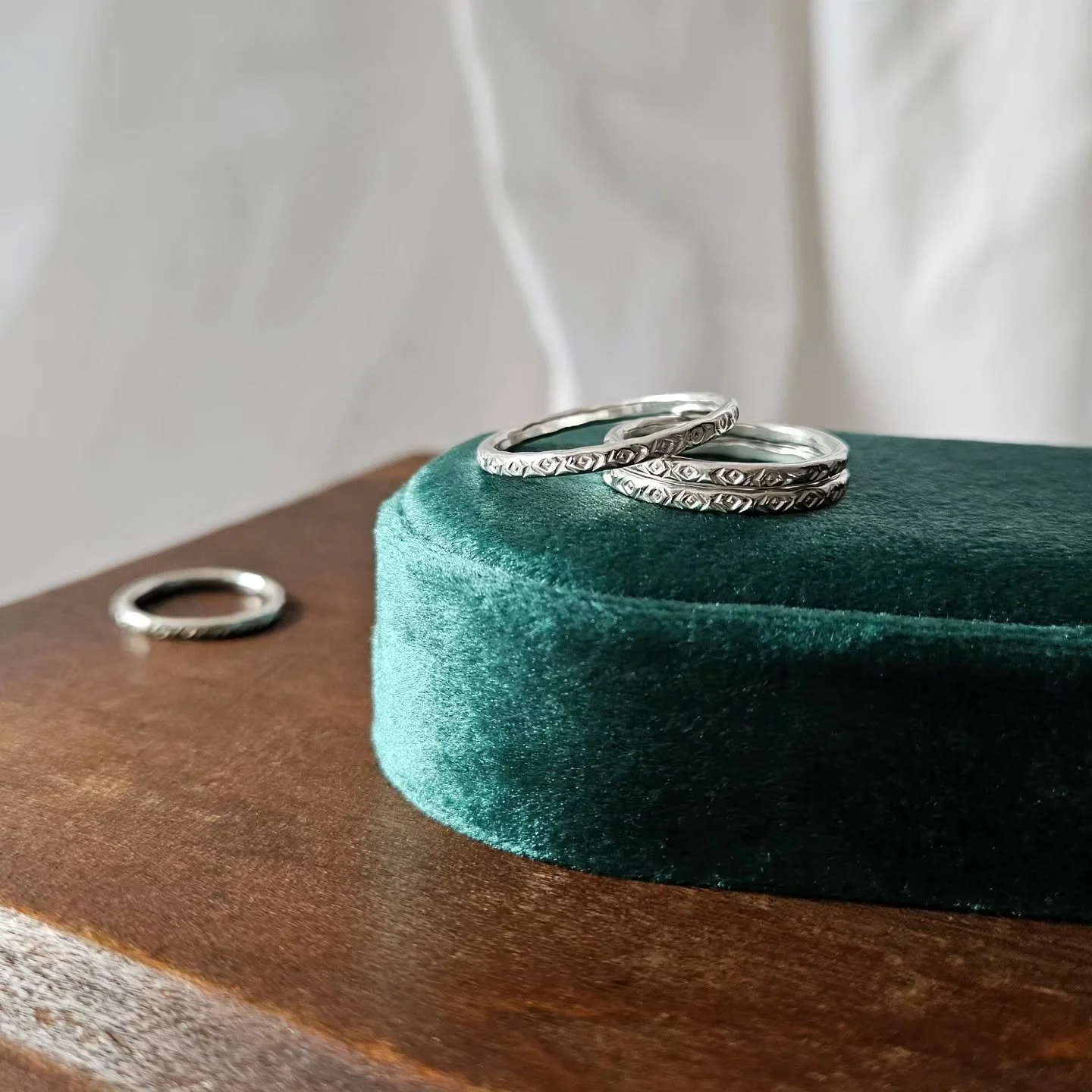 Always a favourite at markets, my geometric pattern stacking rings! Made in the studio with recycled sterling silver. Each one is given a patterned texture which I carefully hammer into the band. Would you wear yours on it's own for a dainty look, or