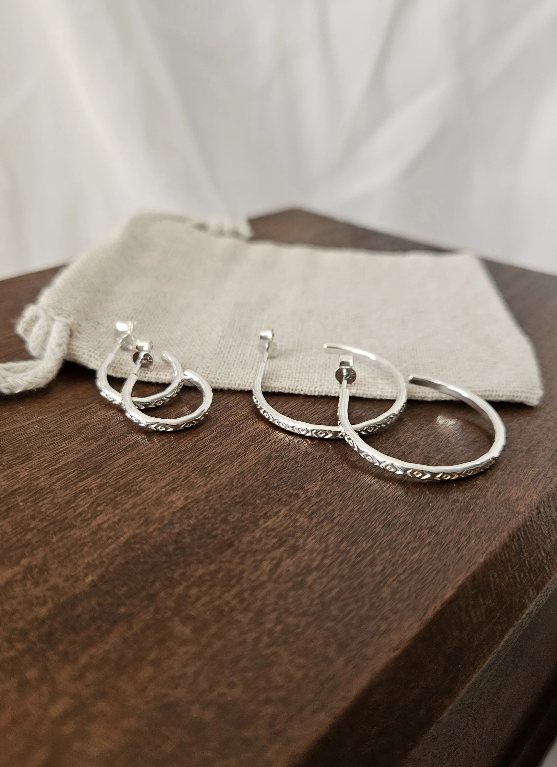 Geometric Pattern Hoops, Medium - Sterling Silver