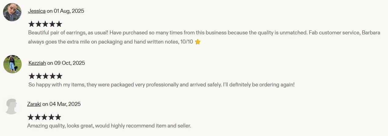 Collection of three customer reviews found on Etsy with five star ratings for their orders. The reviews mention high quality, good packaging, and customer satisfaction.