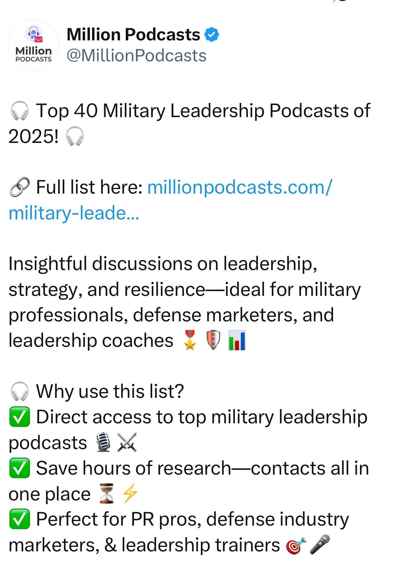 I&rsquo;m not used to making anybody&rsquo;s list or getting any awards, but apparently S.O.S. Podcast is listed in this top 40 line-up of military podcasts for PR agencies. 

Certainly nice news to start the week! Thanks all for listening, sharing a
