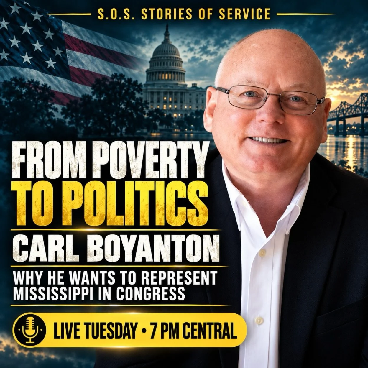 🎙️ 𝗙𝗿𝗼𝗺 𝗣𝗼𝘃𝗲𝗿𝘁𝘆 𝘁𝗼 𝗣𝗼𝗹𝗶𝘁𝗶𝗰𝘀

𝗟𝗜𝗩𝗘 𝗧𝗢𝗡𝗜𝗚𝗛𝗧 𝗔𝗧 𝟳 𝗣𝗠 𝗖𝗘𝗡𝗧𝗥𝗔𝗟

Tonight on S.O.S. &ndash; Stories of Service, I sit down with 𝗖𝗮𝗿𝗹 𝗟𝗲𝘀𝘁𝗲𝗿 𝗕𝗼𝘆𝗮𝗻𝘁𝗼𝗻, an Independent candidate for Congress in Mis