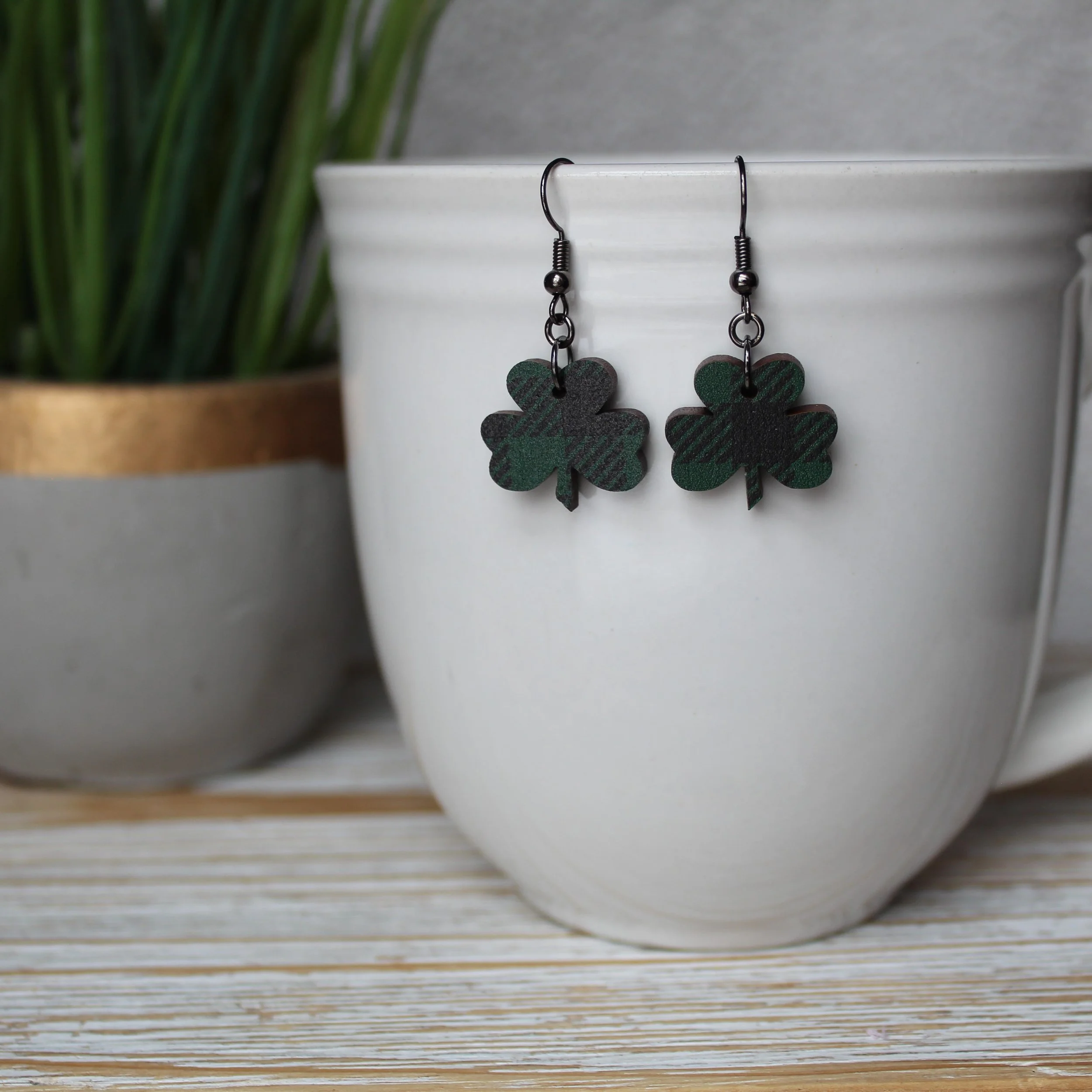 Green Plaid Wooden Clovers