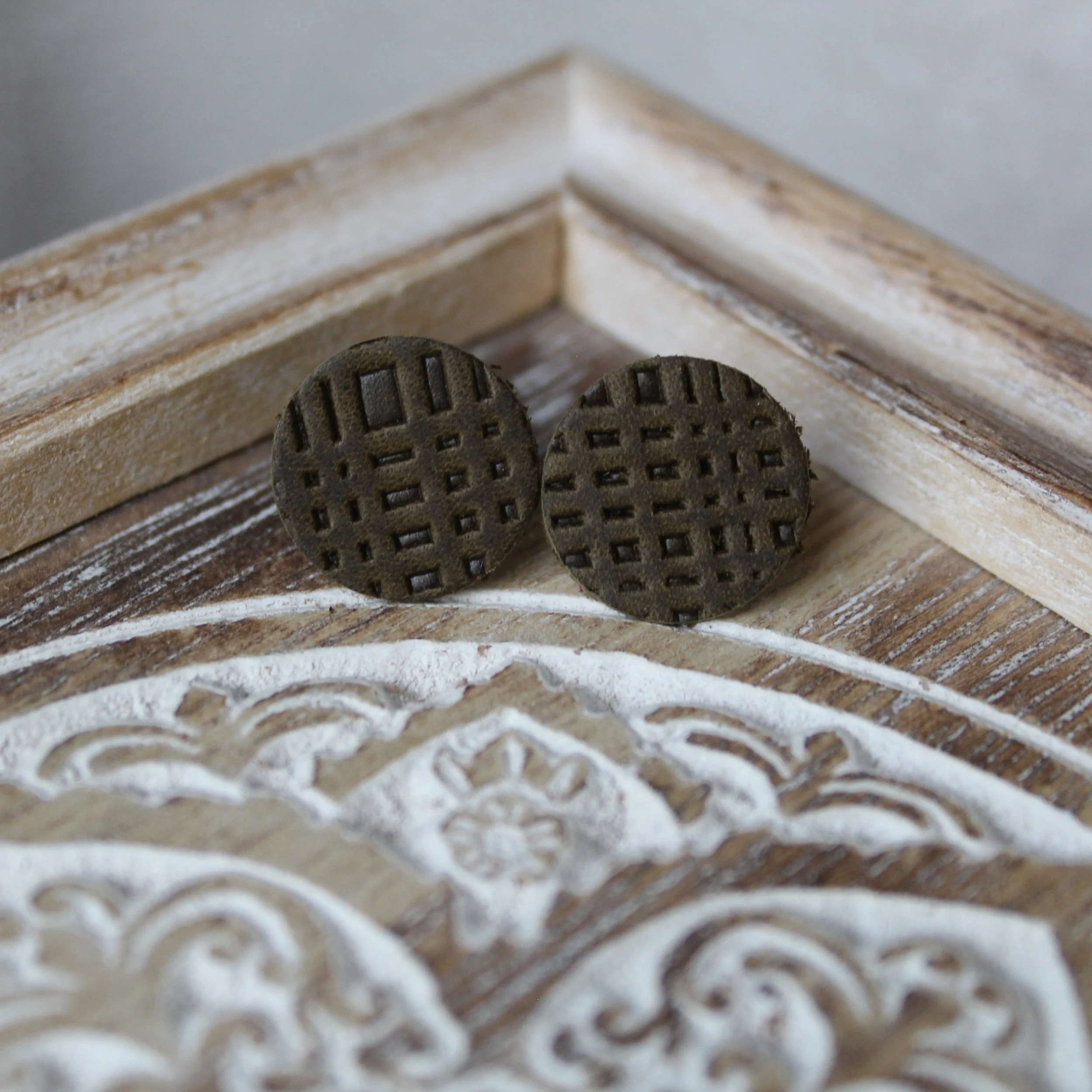 Olive Grid Genuine Leather Studs