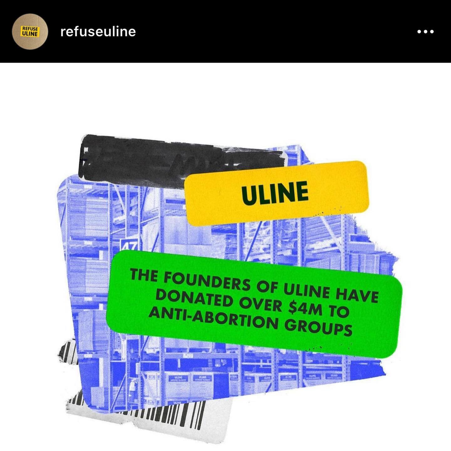 Do you or your employer use @official_uline ?  There are plenty of alternatives at www.refuseuline.com that don&rsquo;t support the GOP&rsquo;s handmaid&rsquo;s tale war on women&rsquo;s and LGBTQIA+ people&rsquo;s rights. There are more companies th