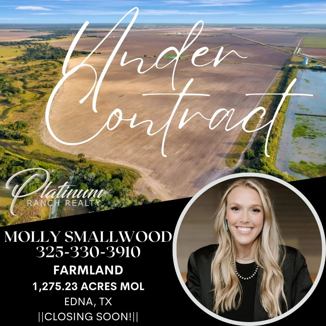 UNDER CONTRACT!!

Congratulations to Molly and her buyer getting this piece of farmland in Jackson county under contract! If you are looking to buy farmland give Molly a call!! She travels to South Texas to find the best for her clients.
 #platinumag