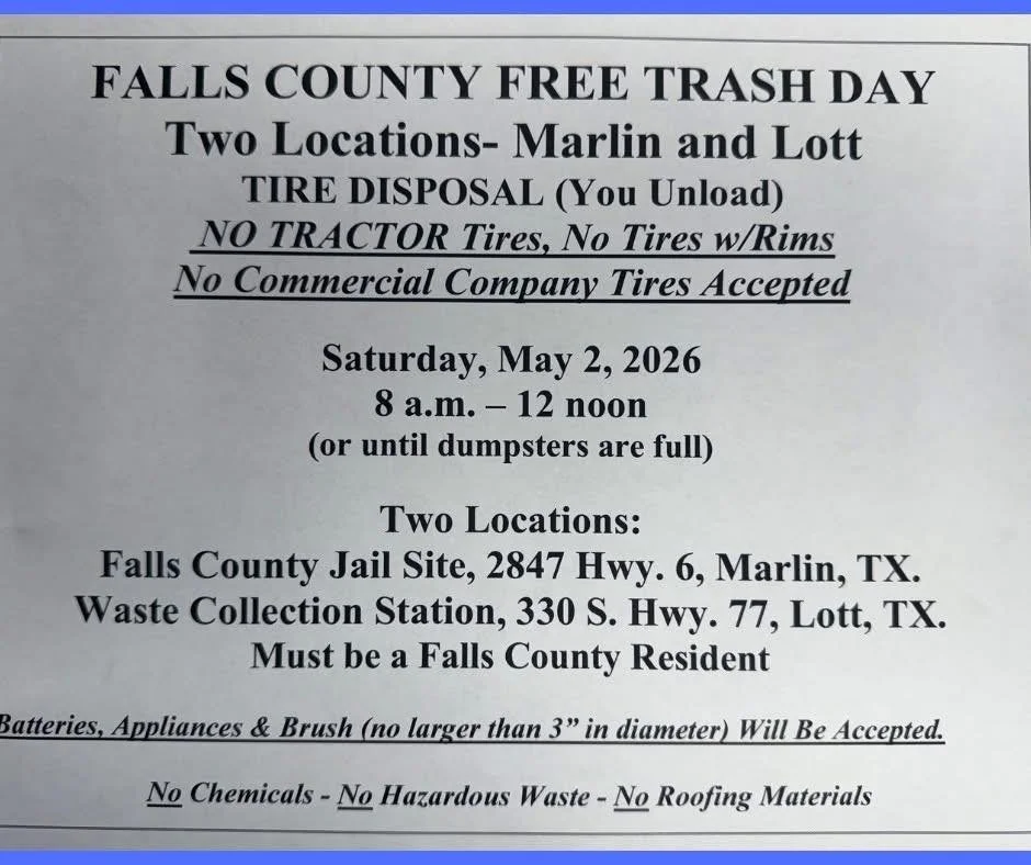Think of going to market?! This is a great opportunity to clean up and declutter FOR FREE!! If you are fortunate to live in Falls County take advantage.