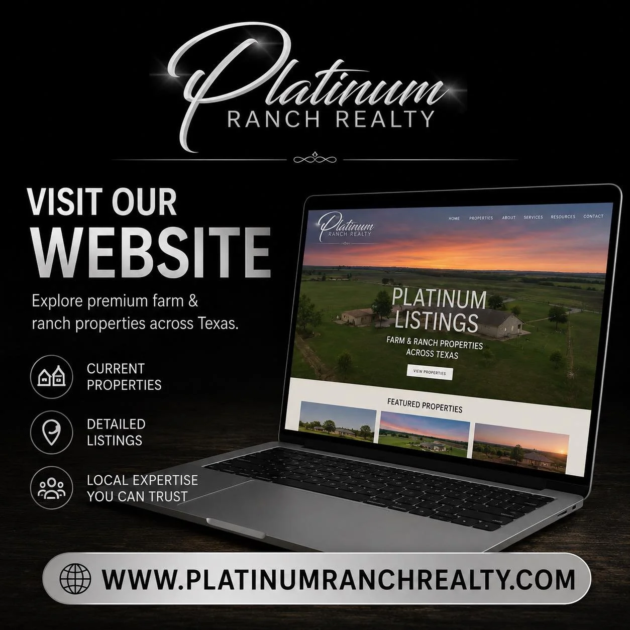 At Platinum Ranch Realty, we believe finding the right property should be simple, convenient, and backed by people you can trust. ✨

Visit our website to:
✔ Browse available listings 24/7
✔ Explore farm, ranch, and residential properties
✔ Learn more