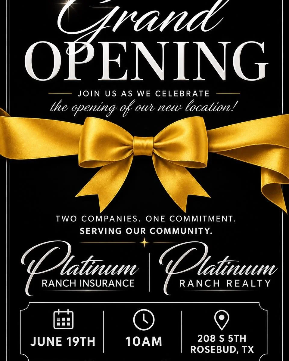 🎉✂️ GRAND OPENING CELEBRATION ✂️🎉

We are excited to celebrate the opening to our new location and would love for you to join us!

📅 June 19th
⏰ 10:00 AM
📍 208 S 5th Street, Rosebud, TX

Come celebrate with Platinum Ranch Realty and Platinum Ranc