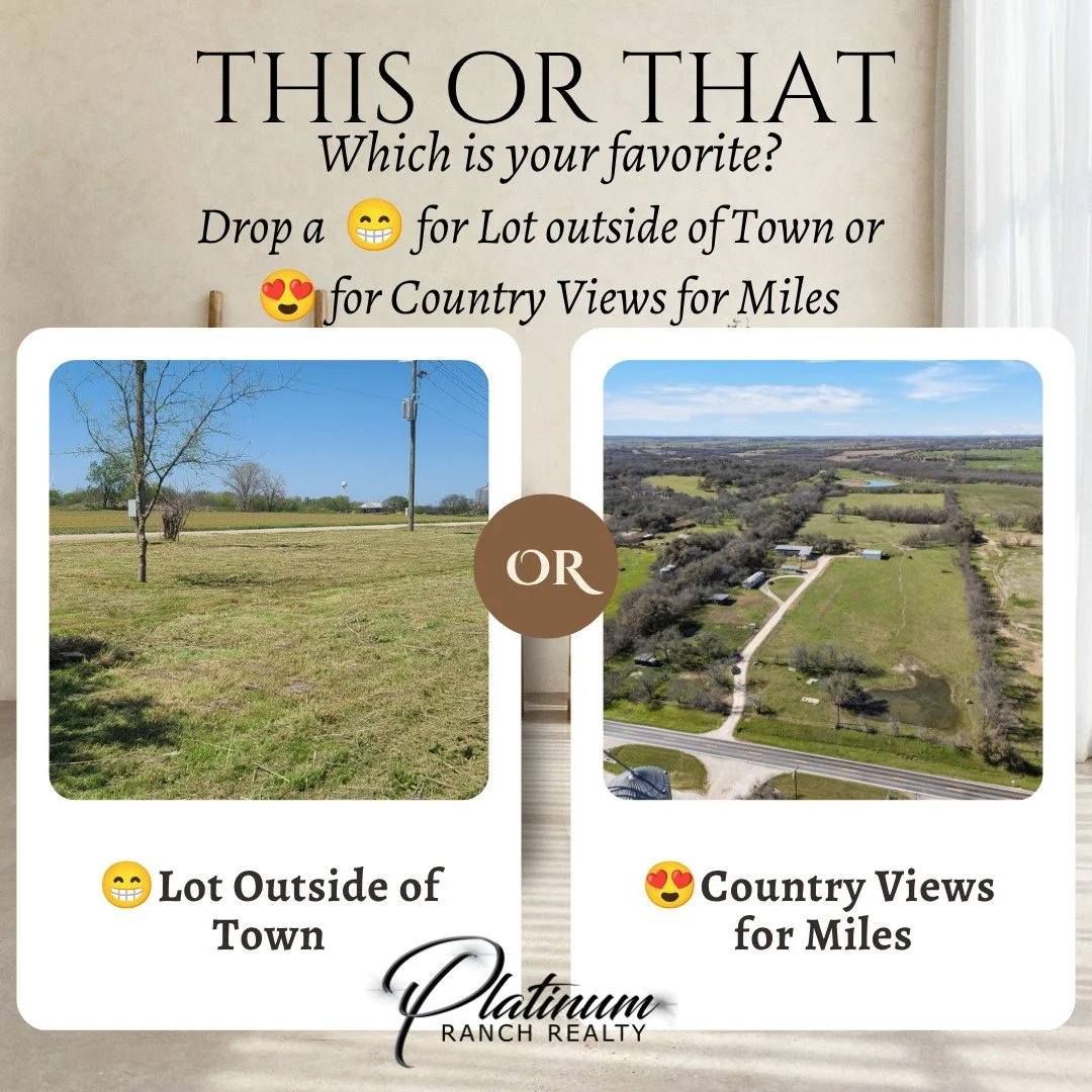 🏡 This or That? 🌄🐄

Would you rather&hellip;

🏙️ A lot just outside of town &mdash; close to convenience, but still your own space?

OR

🌾 Country views for miles &mdash; peace, quiet, and wide open Texas skies?

👇 Drop an emoji below for your 