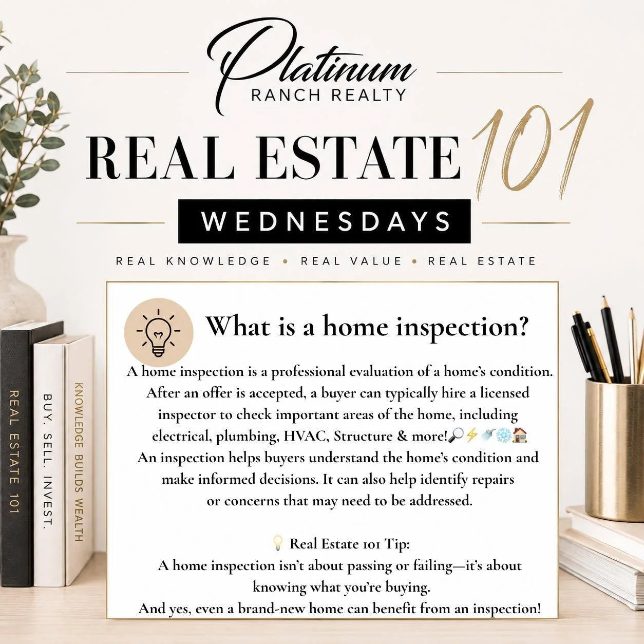 We&rsquo;re back with Week 3 of our Real Estate 101 Wednesday series! 🎓

This week, we&rsquo;re talking about HOME INSPECTIONS 🔍

Buying a home is a big investment, and a home inspection can help buyers better understand the condition of the proper
