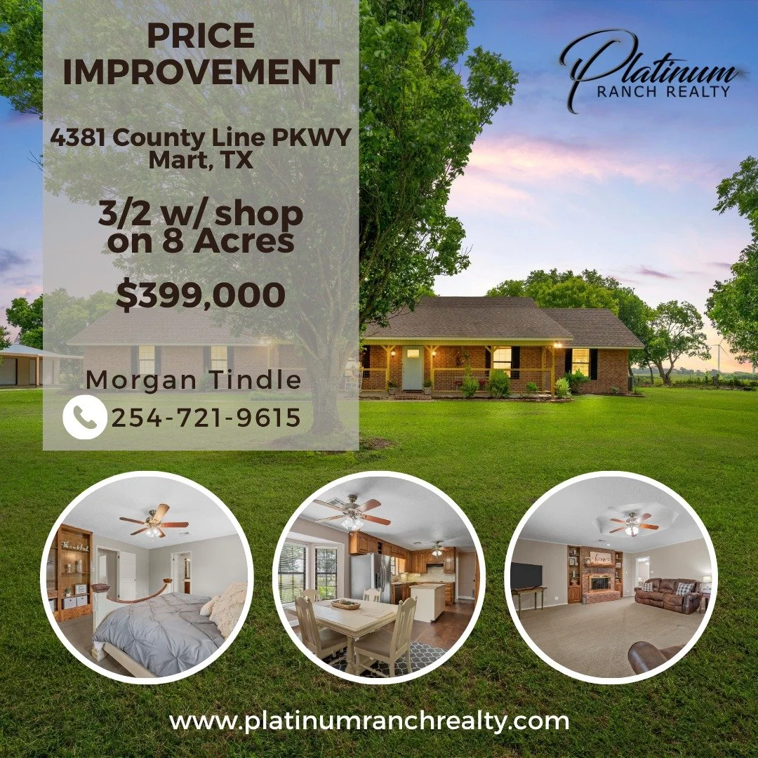 🏡✨ PRICE IMPROVEMENT! ✨🏡

Looking for space, comfort, and country living without giving up convenience? Take a look at this beautiful property in Mart, Texas! 🌾

📍 4381 County Line Parkway | Mart, TX
🏡 3 Bedrooms | 2 Bathrooms
🌳 8.13 Acres MOL
