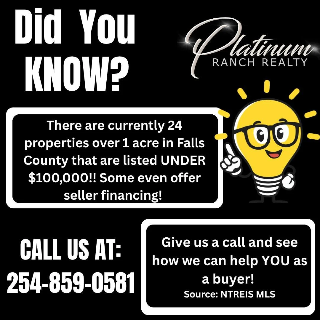 💡🏡 DID YOU KNOW?! 🏡💡

If you&rsquo;ve been dreaming of owning a little piece of land in Falls County, you may have more options than you think!

There are currently 24 properties over 1 acre listed UNDER $100,000 &mdash; and some even offer selle