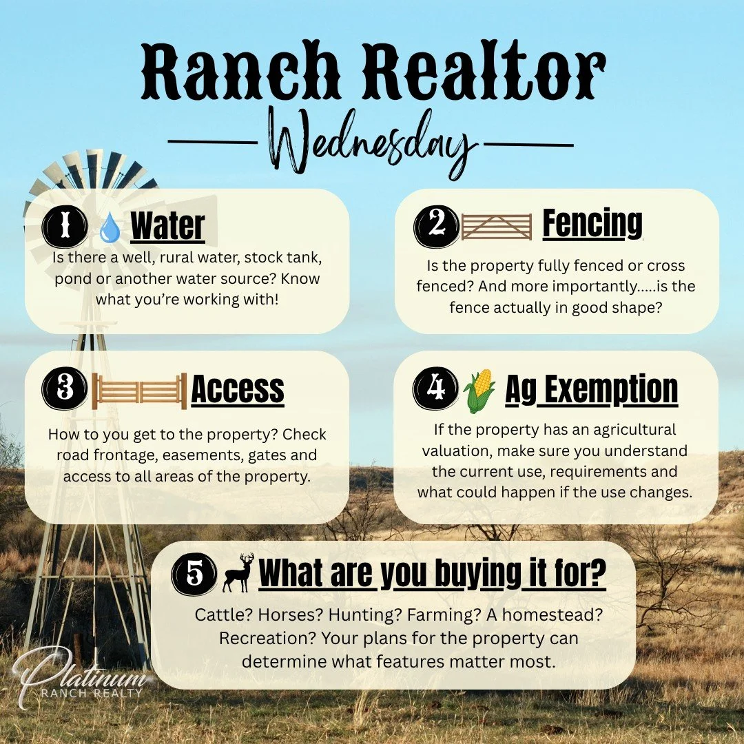 🤠🌾 RANCH REALTOR WEDNESDAY 🌾🤠

Thinking about buying acreage? Before you fall in love with the views, there are a few things you&rsquo;ll want to know!

🌾 1. WATER 💧
Is there a well, rural water, stock tank, pond, or other water source? Know wh