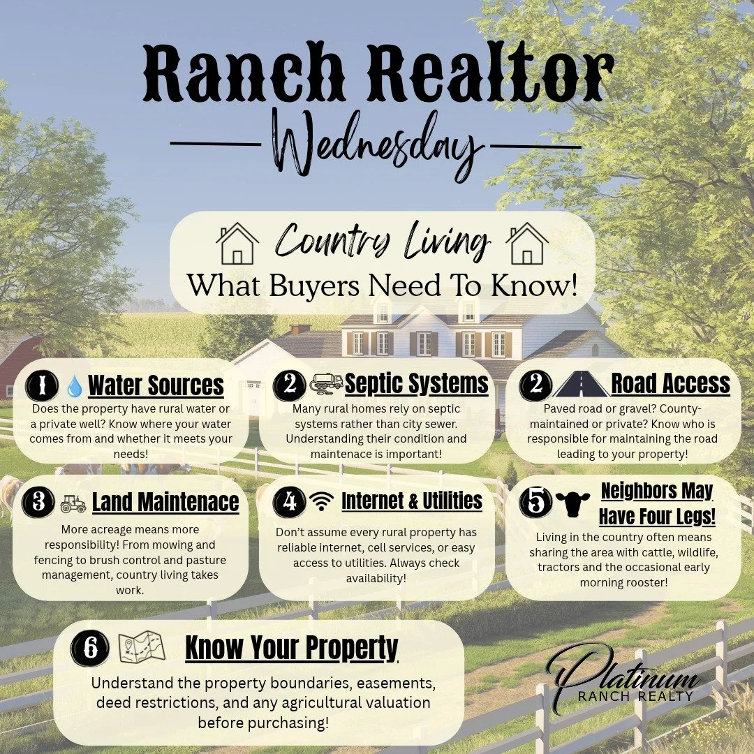 🤠🏡 RANCH REALTOR WEDNESDAY 🌾🤠

COUNTRY LIVING: WHAT BUYERS NEED TO KNOW!

There&rsquo;s nothing quite like wide-open spaces, peaceful mornings, and a little room to breathe! 🌅🐄

But before you trade city streets for country roads, here are a fe