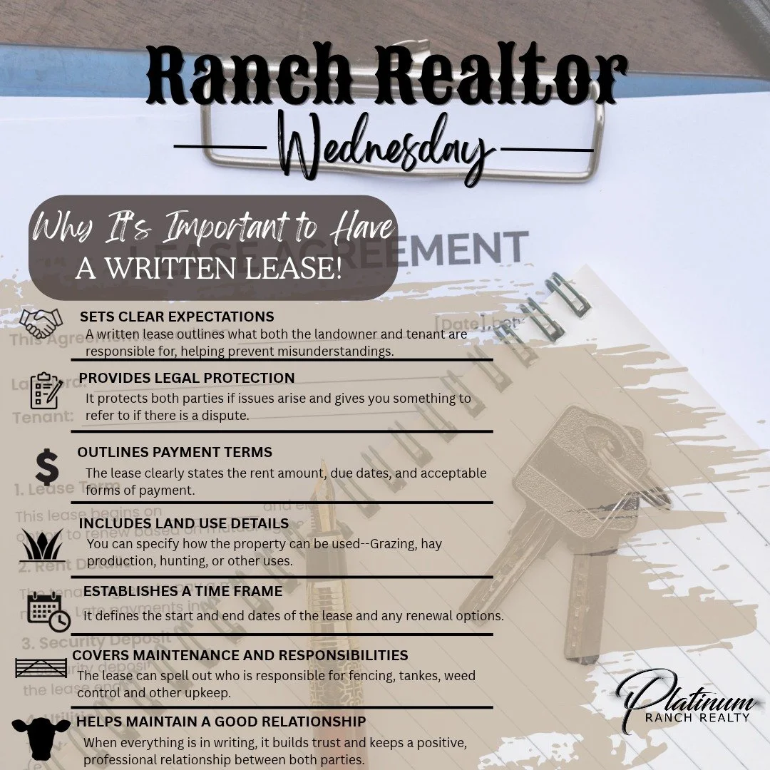 🤠🌾 RANCH REALTOR WEDNESDAY 🌾🤠

📝 WHY IT&rsquo;S IMPORTANT TO HAVE A WRITTEN LEASE!

When it comes to leasing land, whether it&rsquo;s for cattle grazing, hay production, hunting, or farming, a handshake and someone&rsquo;s word may mean a lot, b