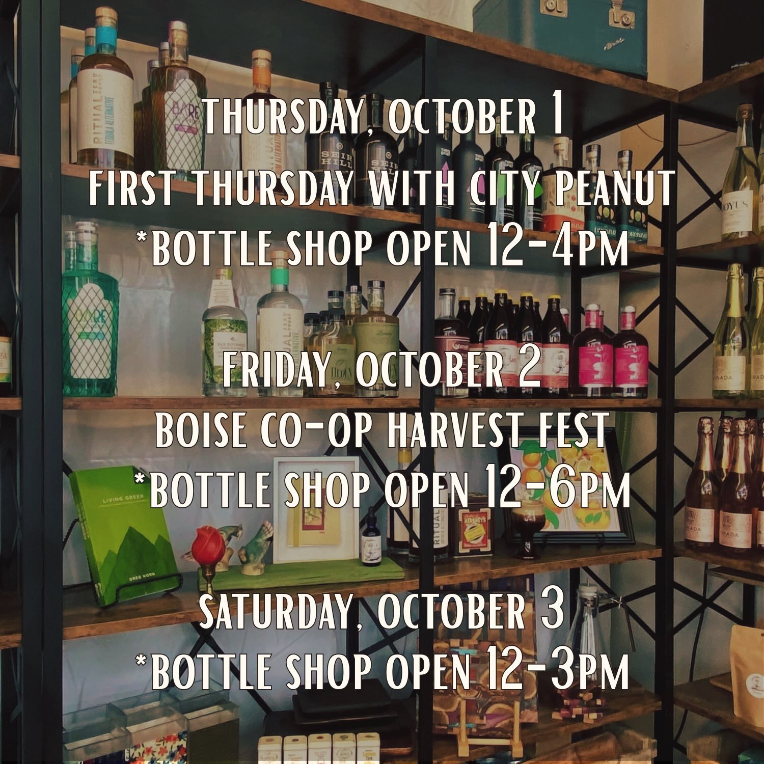 Holy Hannah it's the eve of October!

This week Bri is traveling and our bottle shop hours are slightly modified.

We're kicking off Sober October with a bang if that is your thing. 

Find us in the wild or find us at the shop. Open this Saturday jus