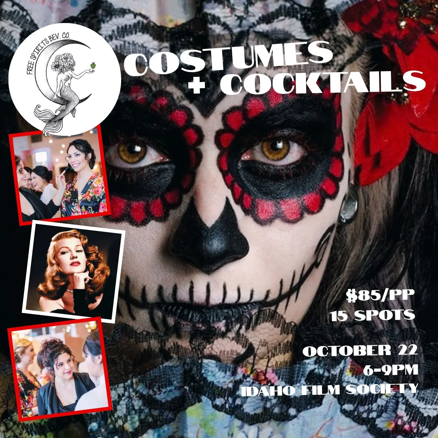 Join us for an intimate evening with makeup artist Gabby Marcantonio where she teaches us how to create Old Hollywood femme fatale looks and professional La Catrina make up. Enjoy an alcohol free pairing with each look crafted by Briana from Free Spi