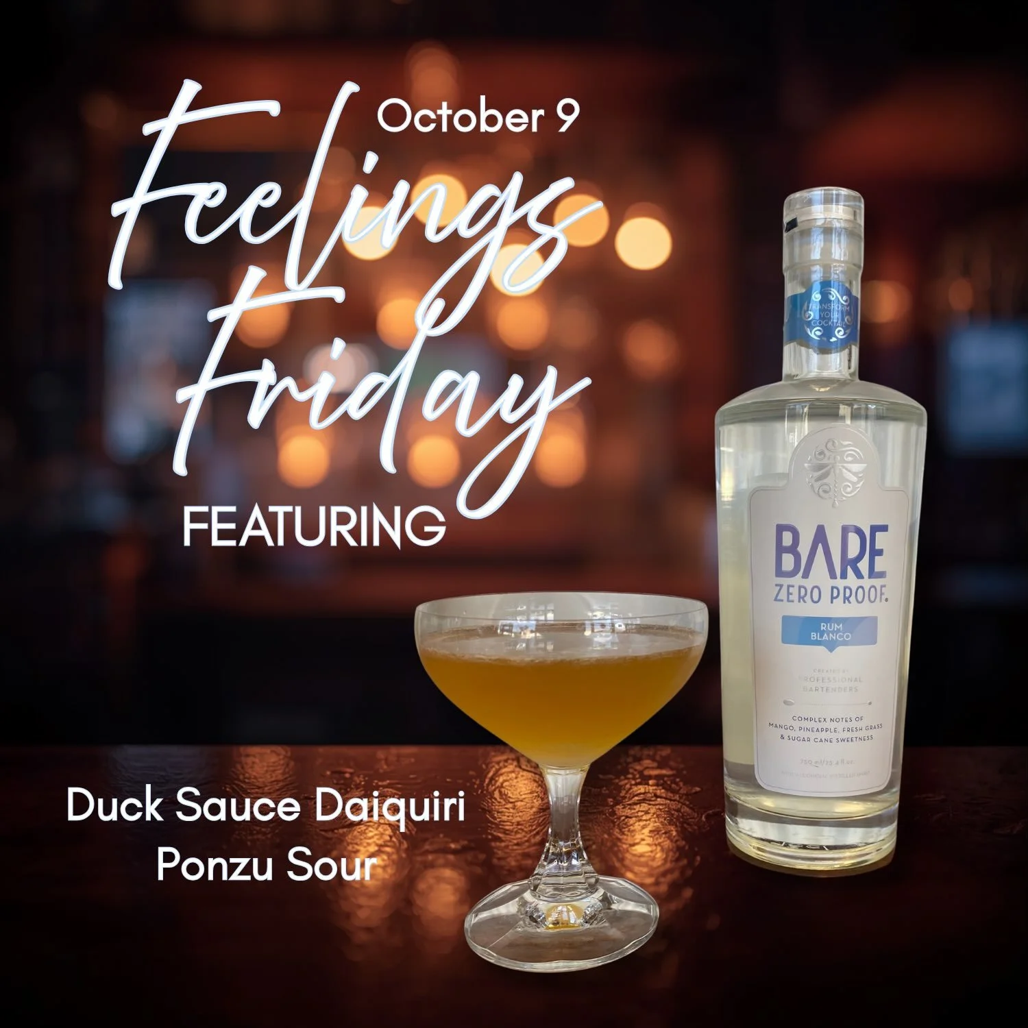 This Feelings Friday we're featuring a Duck Sauce Daquiri and a Ponzu Sour my friends.

Swing in between 3-6pm and we'll give you a glass gift. Legit!

Saturday shop hours too this week so we'll be slinging alcohol free cocktails until we run out.

C