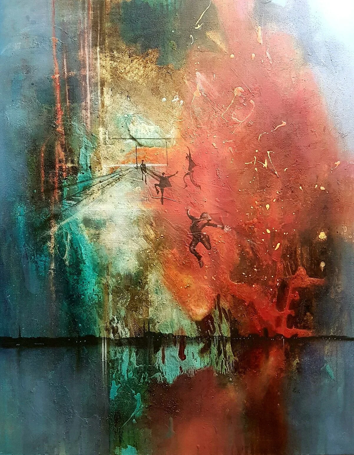 Abstrakte Malerei mit kräftigen Farben, die links blau und grün sind, während die rechte Seite rot und orange ist. Silhouetten von Menschen sind in Bewegung und springen in der Mitte. Die Szene hat eine dramatische und dynamische Wirkung.
