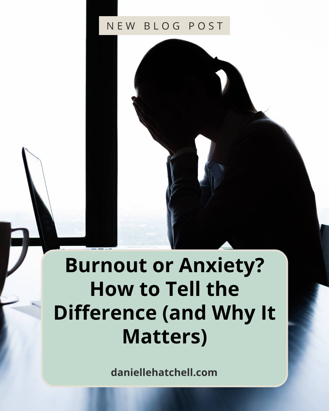 A shadow of a woman sitting at her desk with her head in her hands. Danielle Hatchell, LCPC offers Anxiety Therapy Maryland for high-functioning anxious professionals