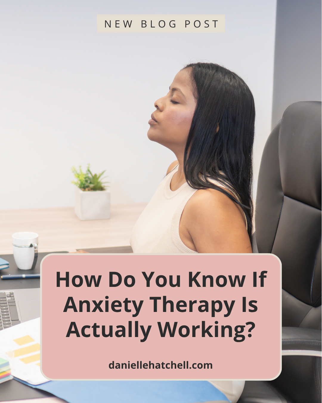 Woman of color sitting at the desk with her eyes closed and her head raised. Danielle Hatchell, LCPC offers Anxiety Therapy Maryland for high-functioning, anxious professionals.