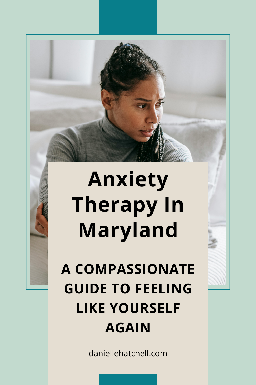 Picture of a woman looking to the side with the knees pressed against her chest.  Danielle Hatchell, LCPC offers anxiety therapy Maryland