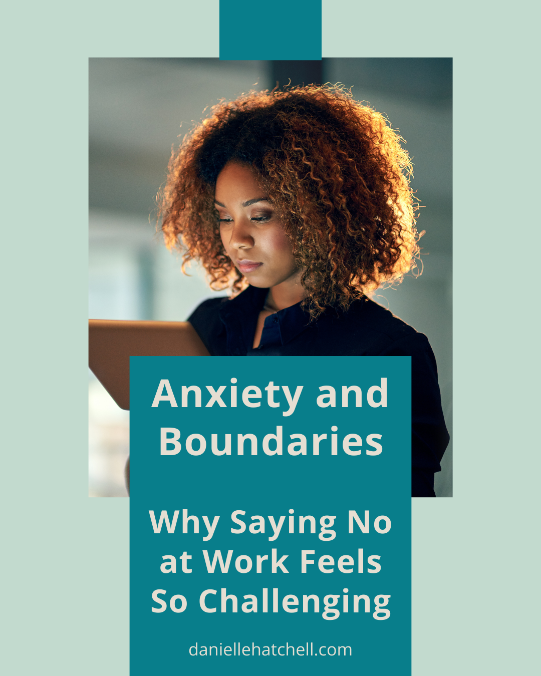 A woman of color in a black business jacket looking down at her work tablet. Danielle Hatchell, LCPC offers Anxiety Therapy Maryland for high-achieving, anxious professionals