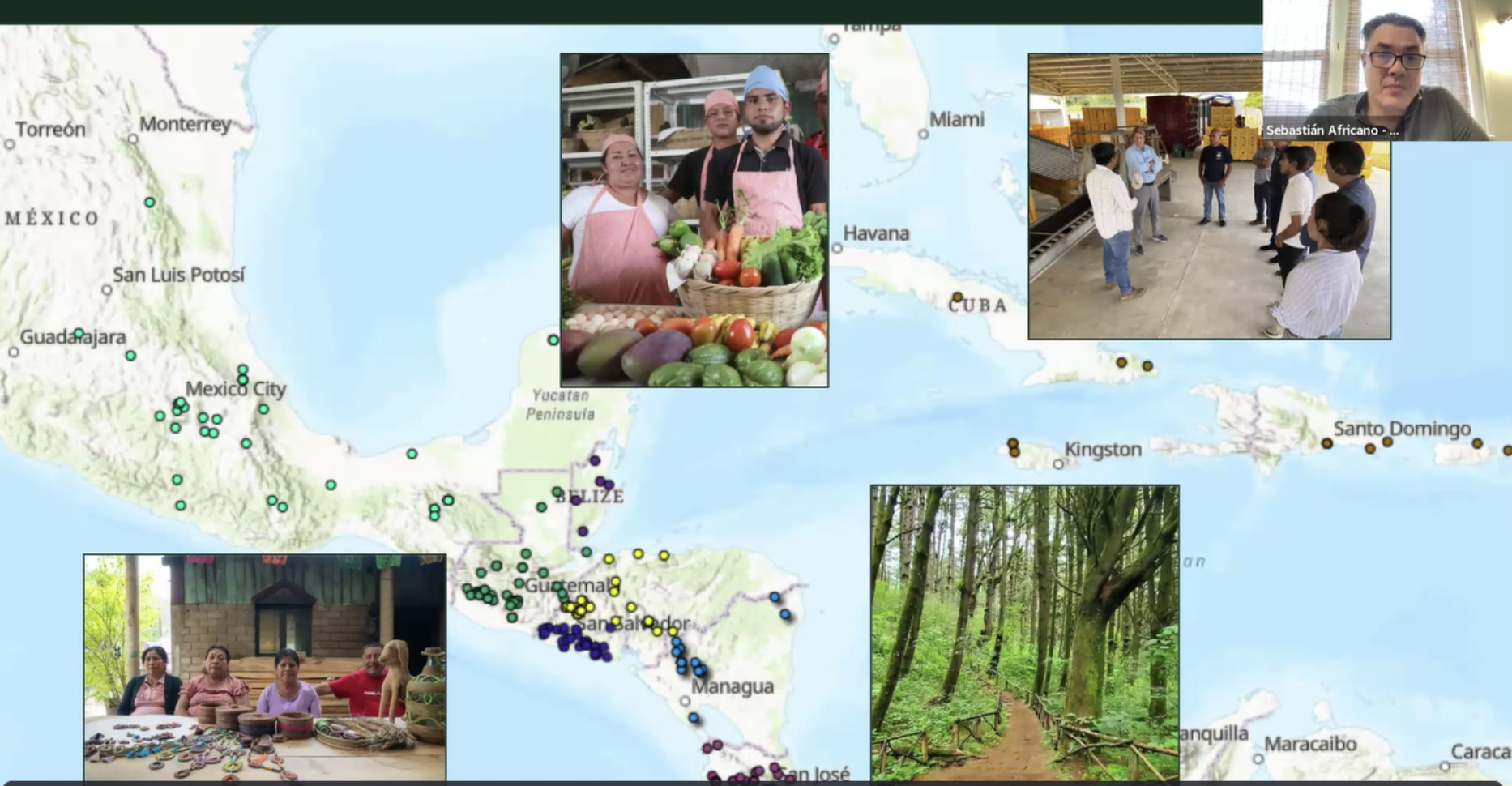 Map showing Mesoamerica and dots to show where projects are and some photos of people from a few of those projects